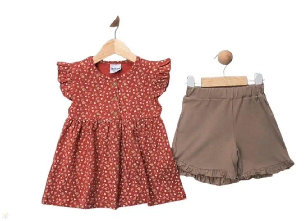 Ensemble Fille Été – Tunique Rouge à Fleurs & Short Marron Little Stars