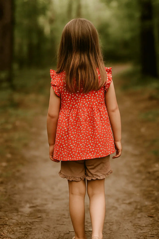 Ensemble Été – Tunique Rouge à Fleurs & Short Marron ref 427760