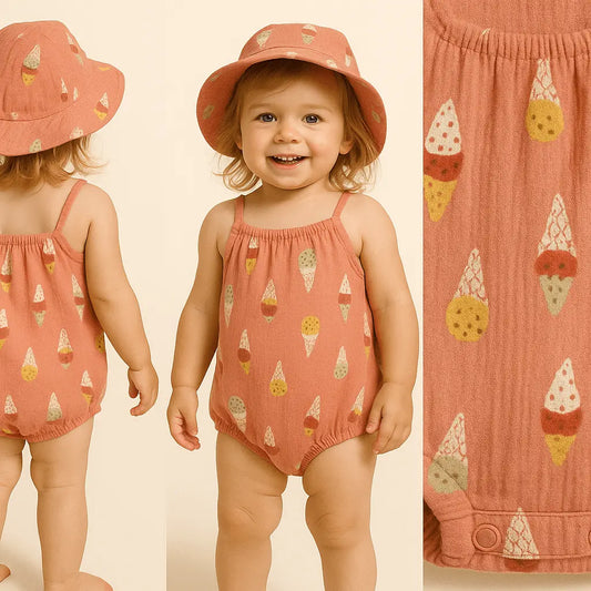 Barboteuse corail motif glace + chapeau assorti ref 427750
