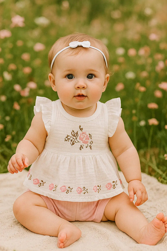 Ensemble 100% Coton – T-shirt Blanc Brodé & Short Rose Clair ref 426053