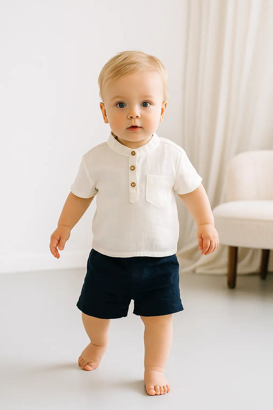 Ensemble Été 100% Coton – T-Shirt Blanc & Short Bleu Marine ref 426288