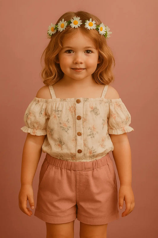 Ensemble T-shirt crème à fleurs & short rose ref 426479