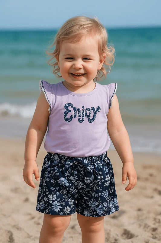 Ensemble Été T-shirt Mauve "Enjoy" & Short Bleu Marine Fleuri ref 424859