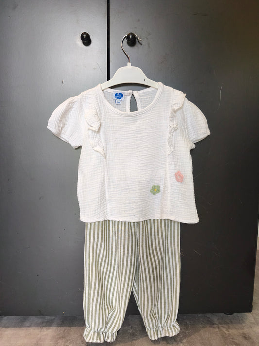 Ensemble Mots d’Enfant 24 mois – blanc et vert fleuri 🌸💚 ref 135