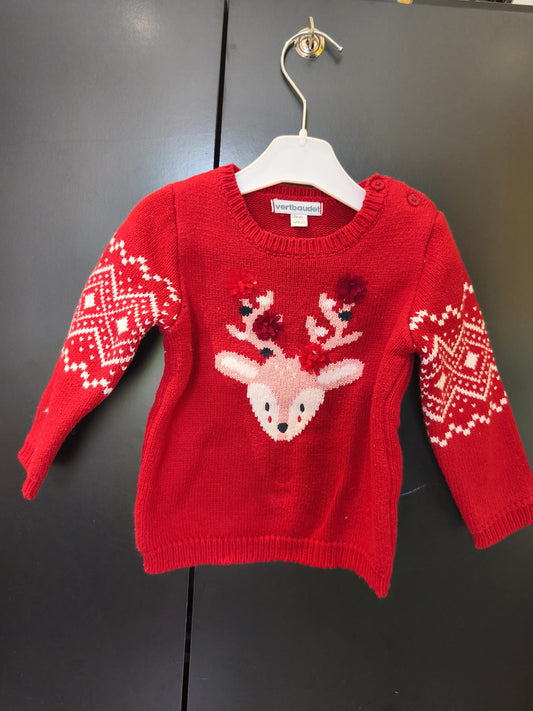 Pull Épais Rouge – Broderie Biche & Fleurs – Verbaudet – 12 Mois ref 306