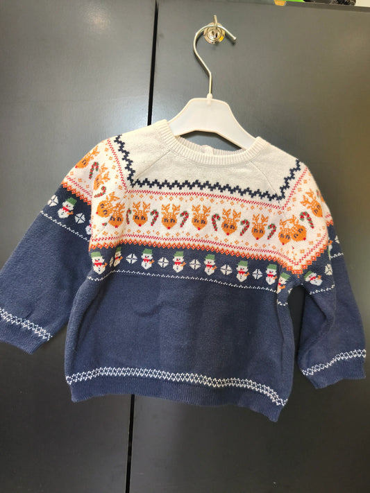 Pull Noël Bleu & Blanc – Motifs Cerf & Bonhomme de Neige – Verbaudet – 12 Mois ref 310