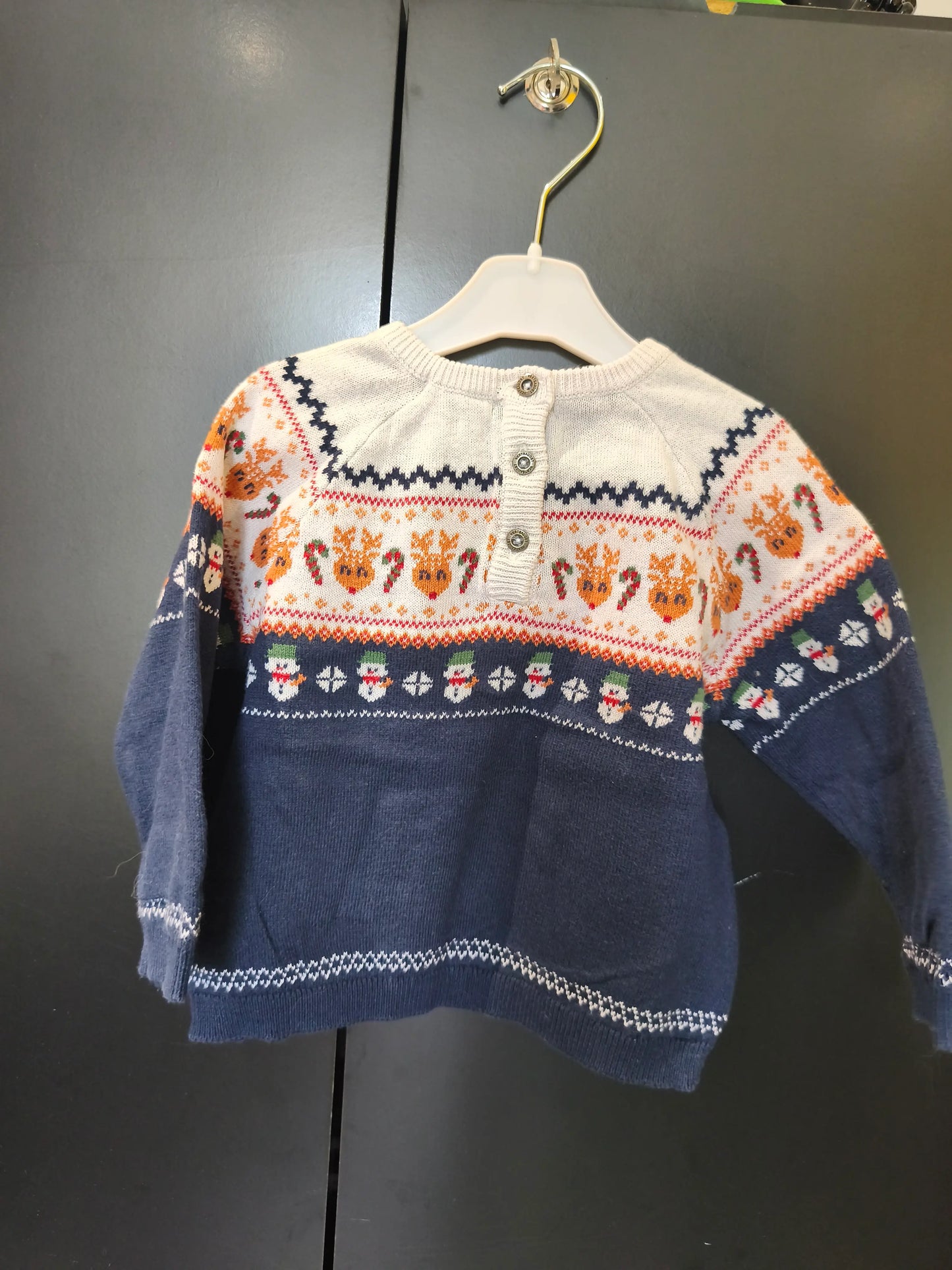 Pull Noël Bleu & Blanc – Motifs Cerf & Bonhomme de Neige – Verbaudet – 12 Mois ref 310