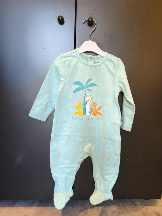 Grenouillère manches longues – Lion & décor tropical – Vert d’eau – 9 mois ref 254