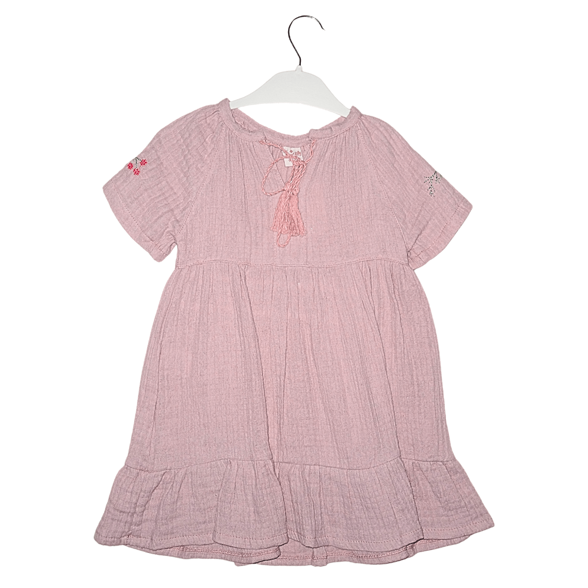 Robe Fille Rose Poudré en Coton – Manches Courtes Brodées, Nœud à l’avant Little Stars