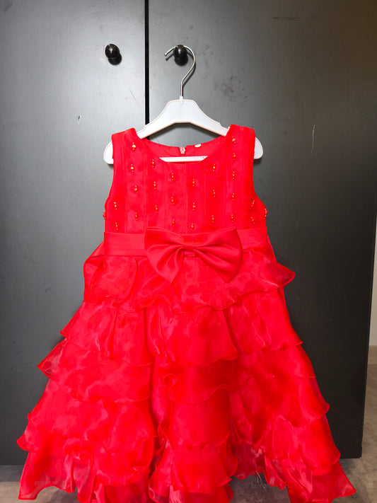 Robe cérémonie rouge – 4 ans – Perles et nœud satin ref 159