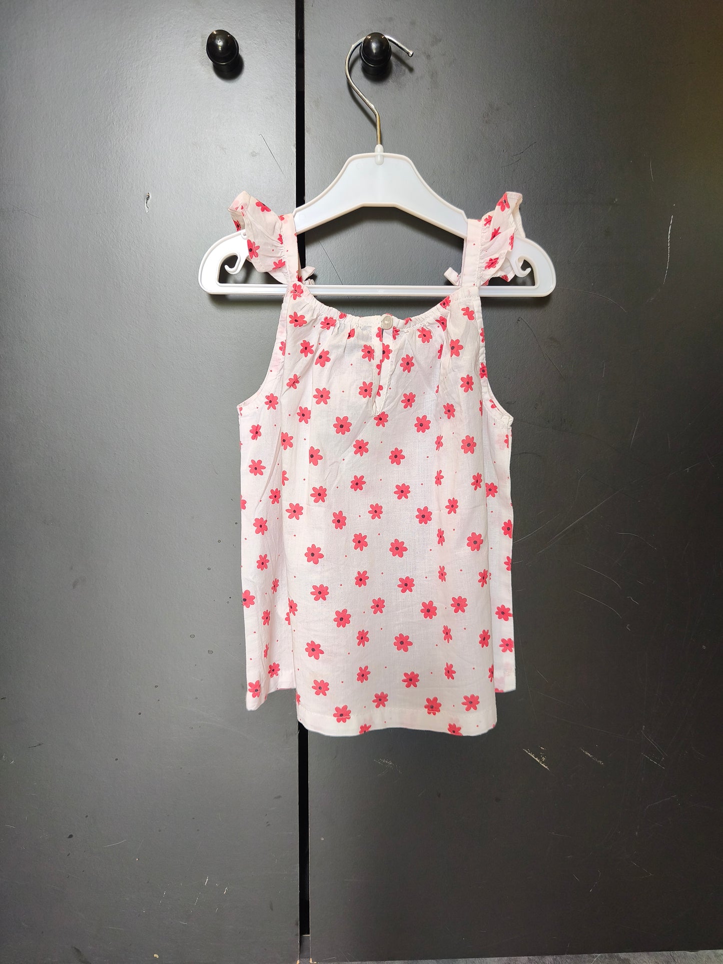 T-shirt manches courtes Kiabi 24 mois – blanc fleur rouge 🌸🤍 ref 139