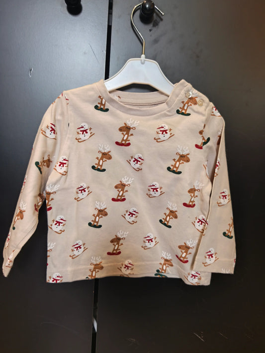 T-shirt Beige Noël – Motifs Cerf & Bonhomme de Neige – Verbaudet – 12 Mois ref 319