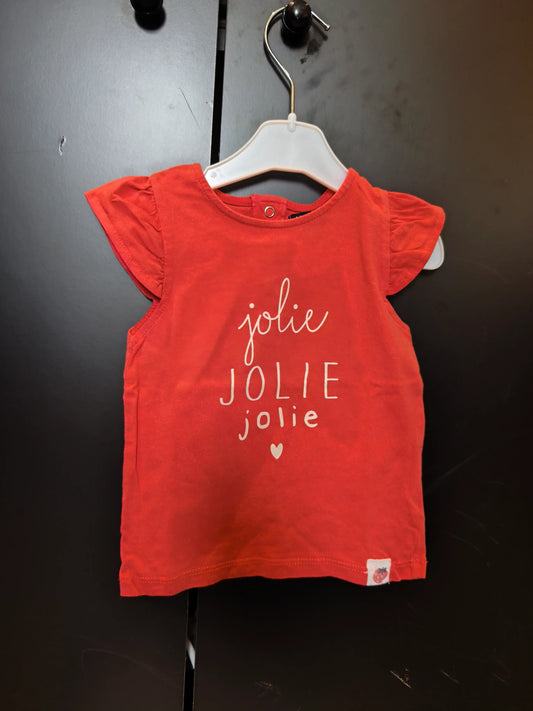 T-shirt Corail Manches Courtes à Volants – "Jolie Jolie Jolie" – Kiabi – 12 Mois ref 321