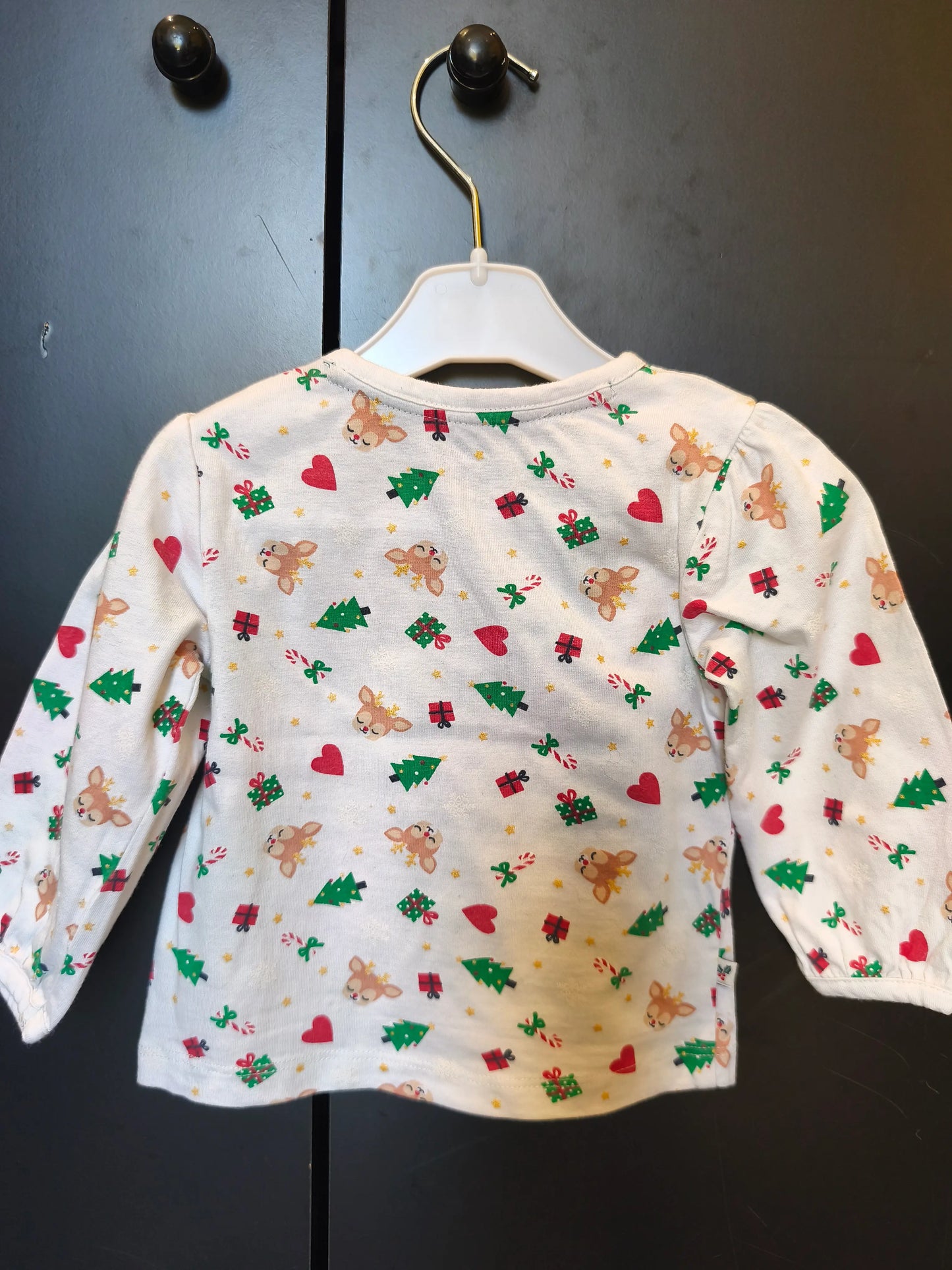 T-shirt Blanc de Noël – Cerf, Cadeaux & Sapins – Mots d’Enfants – 9 mois ref 285