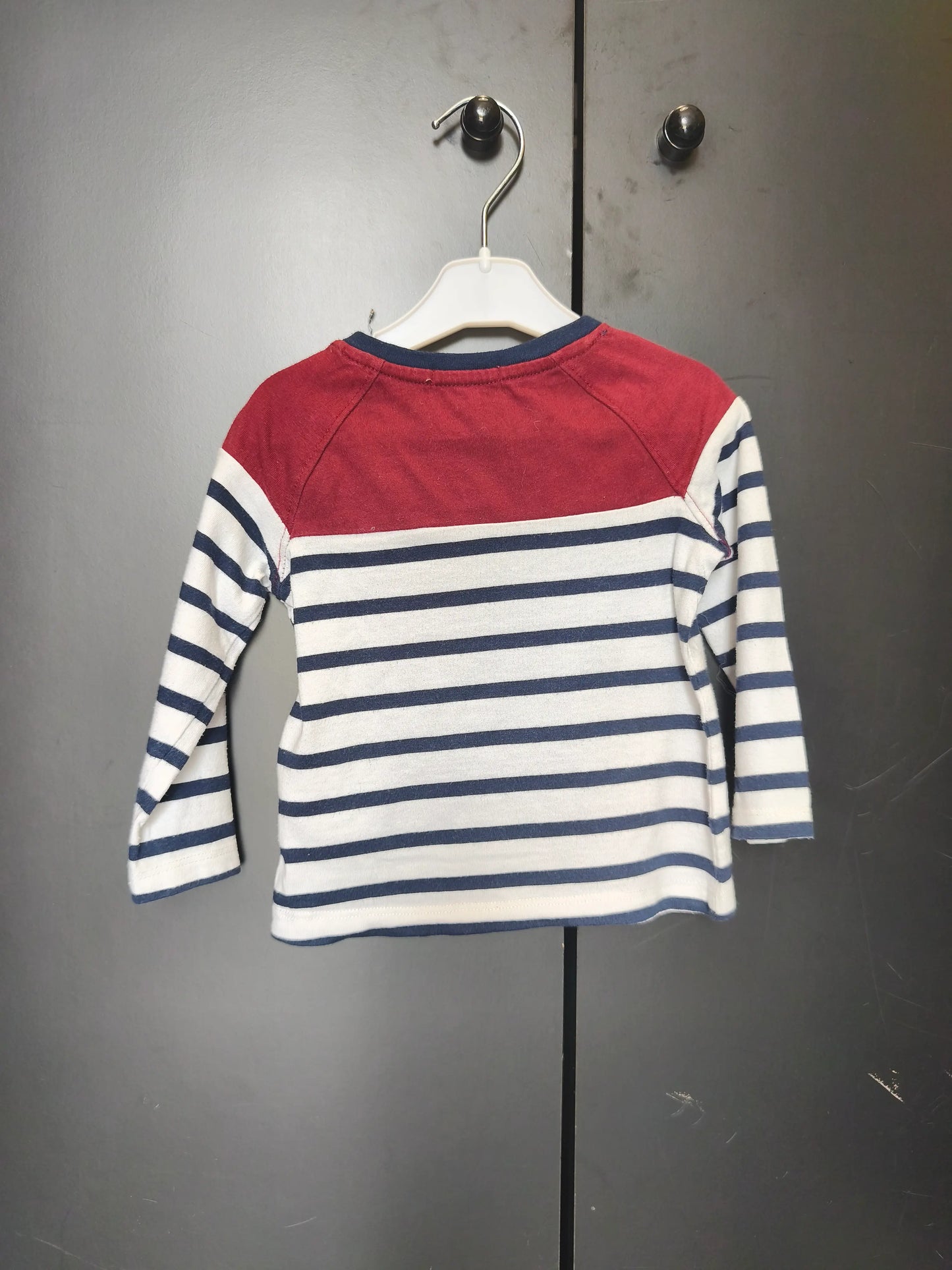 T-shirt DPAM 12 mois - Marinière blanc et bleu nuit, col bordeaux "Magic Time" ref 21