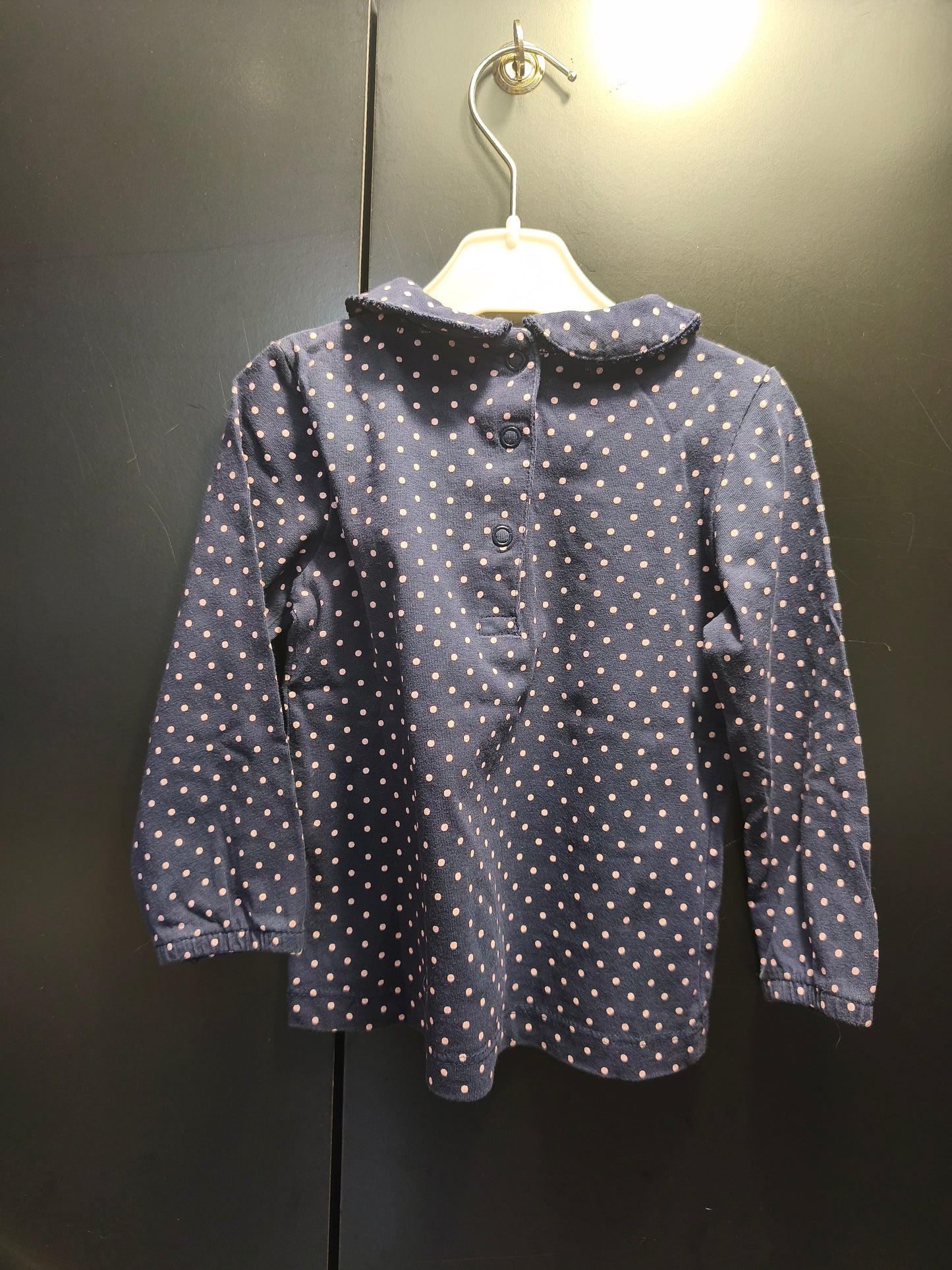 T-shirt bleu marine à pois roses – Tissaia 18 mois ref 354