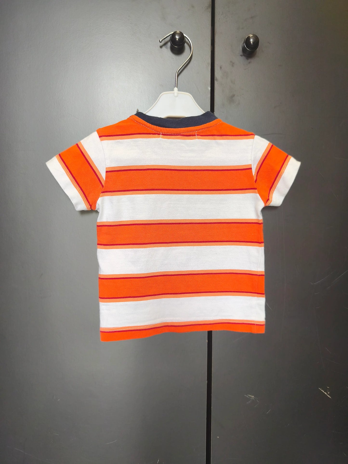 T-shirt Week-end à la Mer 12 mois - Rayé blanc et orange, voilier velours ref 14