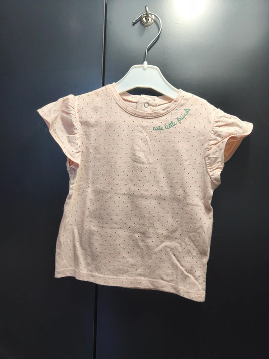 T-shirt rose à pois verts « Cute Little Friends » – Kiabi 18 mois ref 351