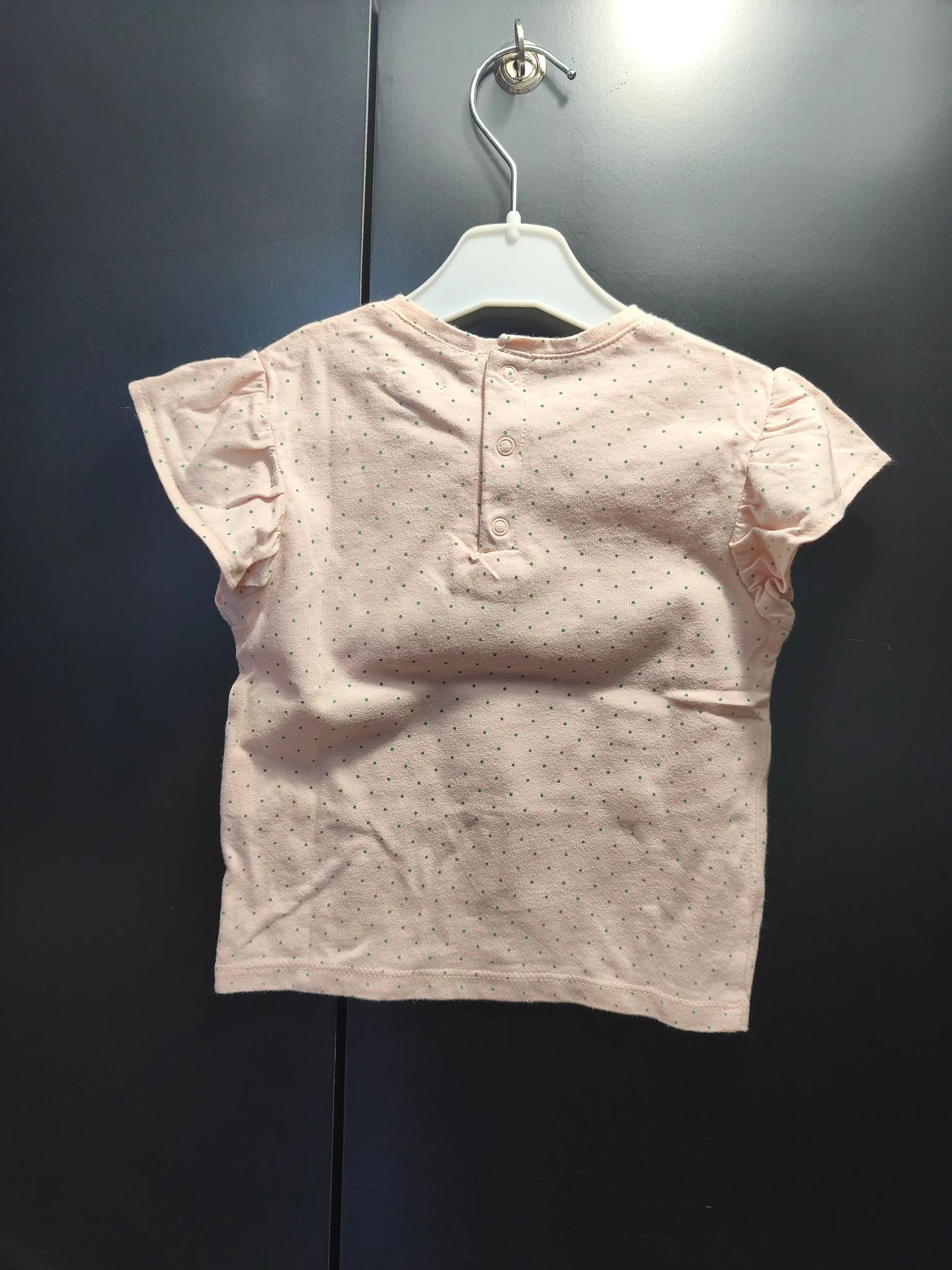 T-shirt rose à pois verts « Cute Little Friends » – Kiabi 18 mois ref 351
