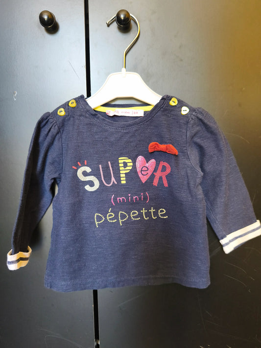 T-Shirt Bleu Marine “Super(mini) Pépette” – Baby by Gémo – 6 Mois ref 211