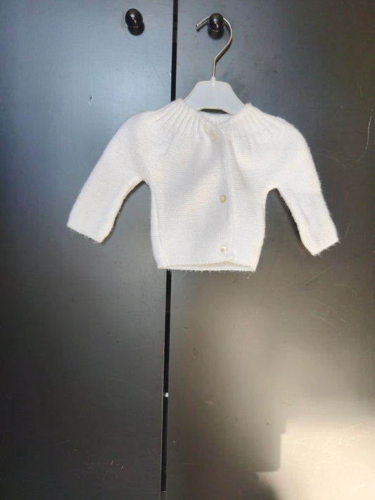 Veste Tricotée Blanche – 3 Boutons – Naissance / 1 Mois ref 173