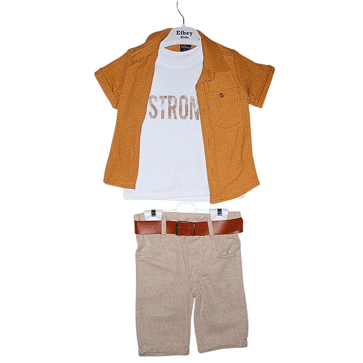 Ensemble Garçon 3 Pièces Camel – Chemise, T-Shirt "Strong" et Short Little Stars
