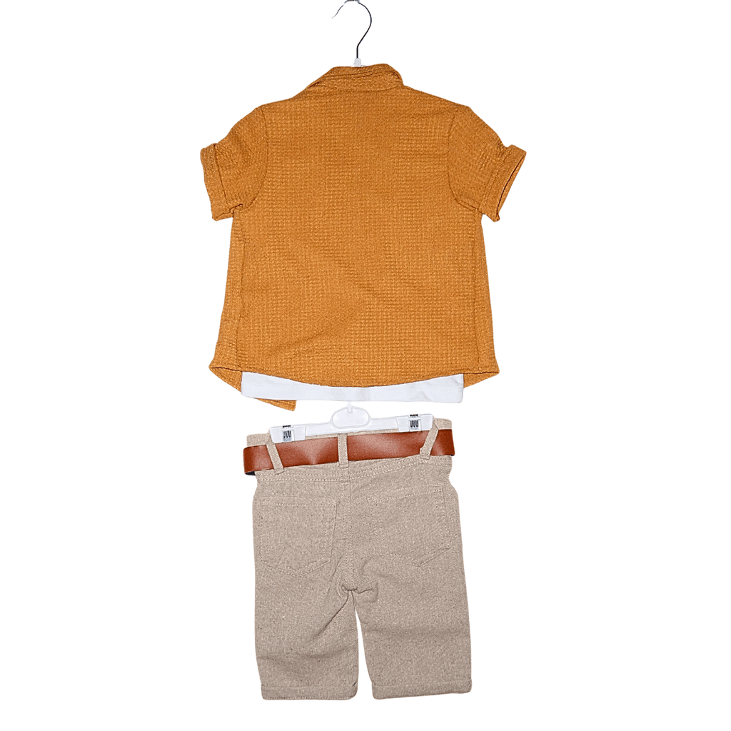 Ensemble Garçon 3 Pièces Camel – Chemise, T-Shirt "Strong" et Short Little Stars
