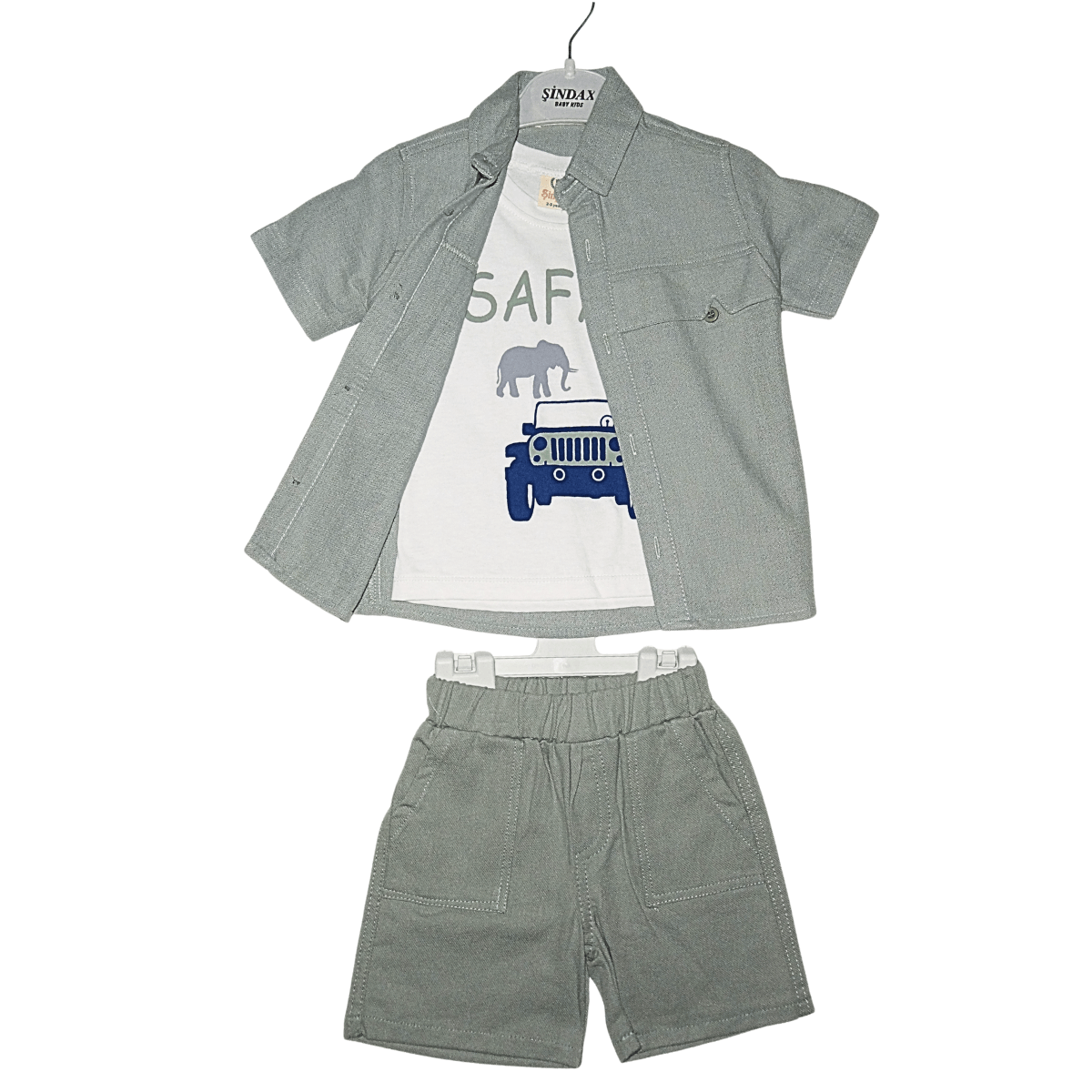 Ensemble Garçon 3 Pièces Kaki Safari – Chemise, T-Shirt & Short Little Stars
