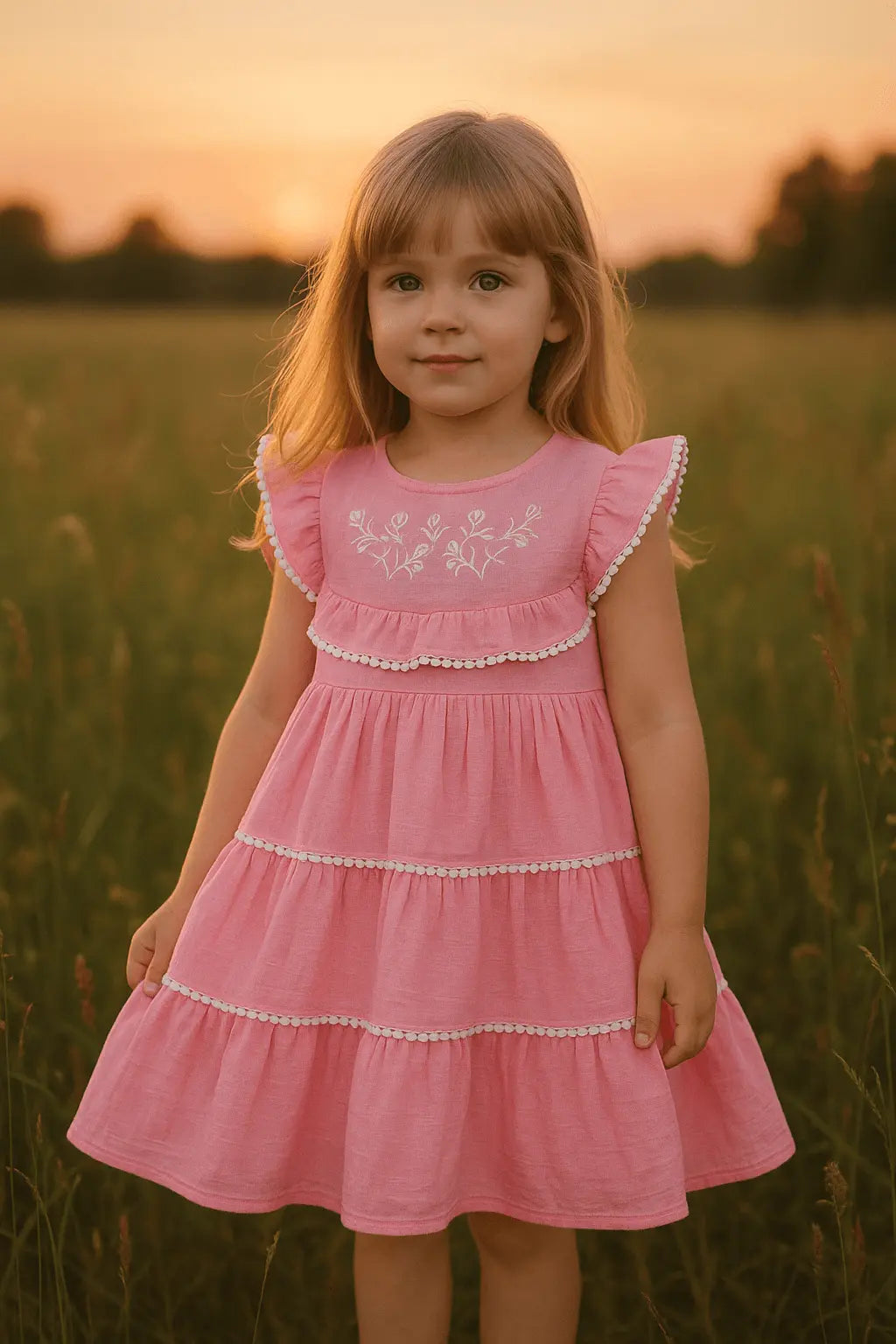Robe Rose Fille en Coton avec Dentelle et Broderie