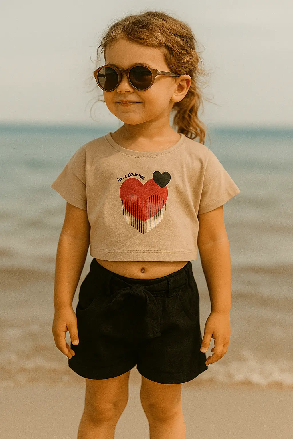 Ensemble fille 2 pièces – T-shirt crop top cœur & short noir ceinturé