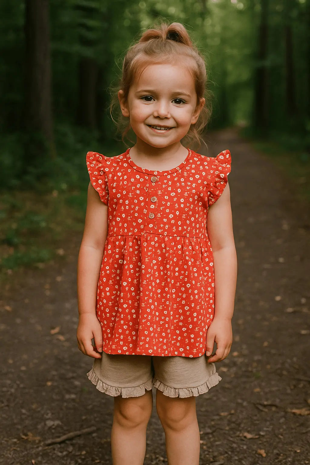 Ensemble Fille Été – Tunique Rouge à Fleurs & Short Marron