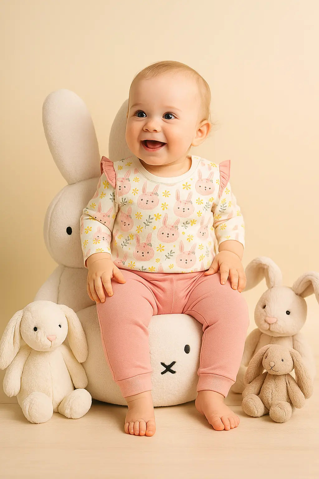 Ensemble fille blanc & corail – Lapin, feuillage et volants