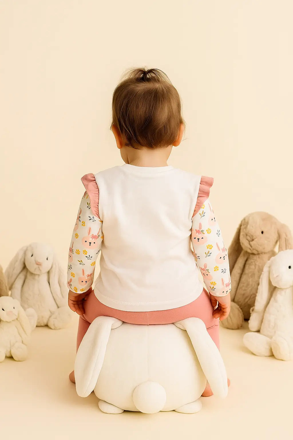 Ensemble fille blanc & corail – Lapin, feuillage et volants