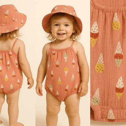 Barboteuse corail motif glace + chapeau assorti ref 427750