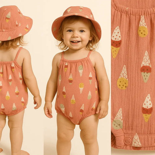 Barboteuse bébé fille corail motif glace + chapeau assorti