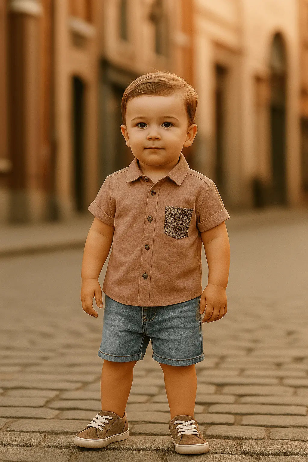 Ensemble Garçon Été – Chemise Camel à Manches Courtes + Short Imitation Jean