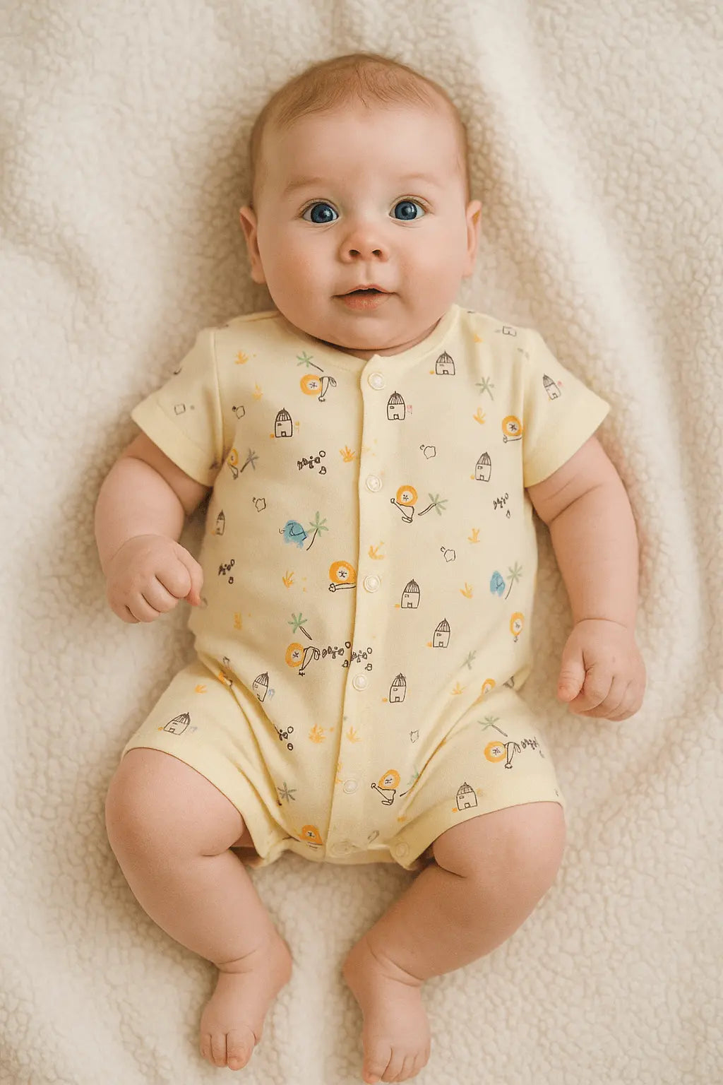 Combinaison Bébé Garçon Savane – Motifs Éléphant & Lion – Crème