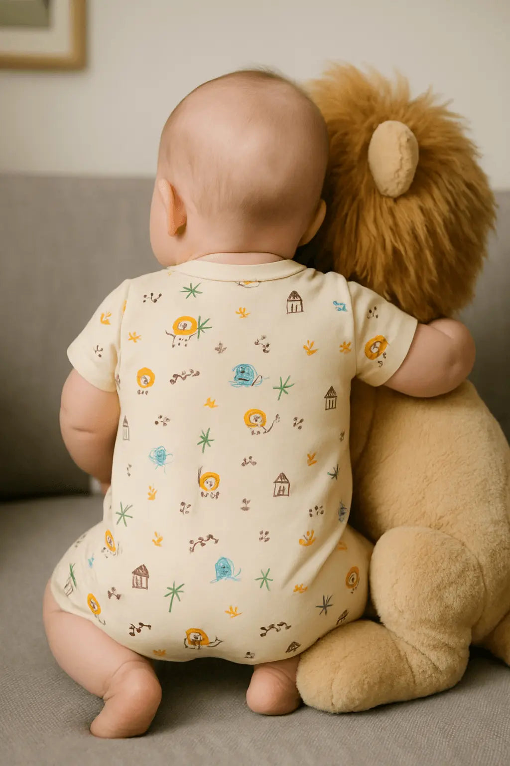 Combinaison Bébé Garçon Savane – Motifs Éléphant & Lion – Crème