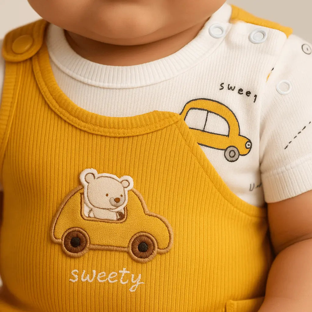 Ensemble bébé garçon 3 pièces – Combinaison moutarde, body voiture jaune, chaussettes