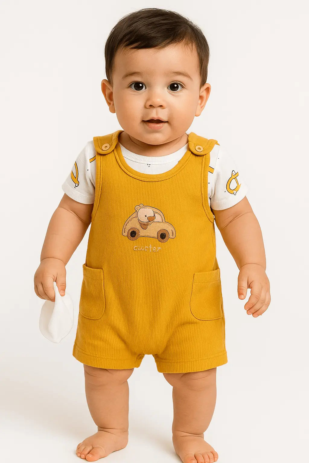 Ensemble bébé garçon 3 pièces – Combinaison moutarde, body voiture jaune, chaussettes