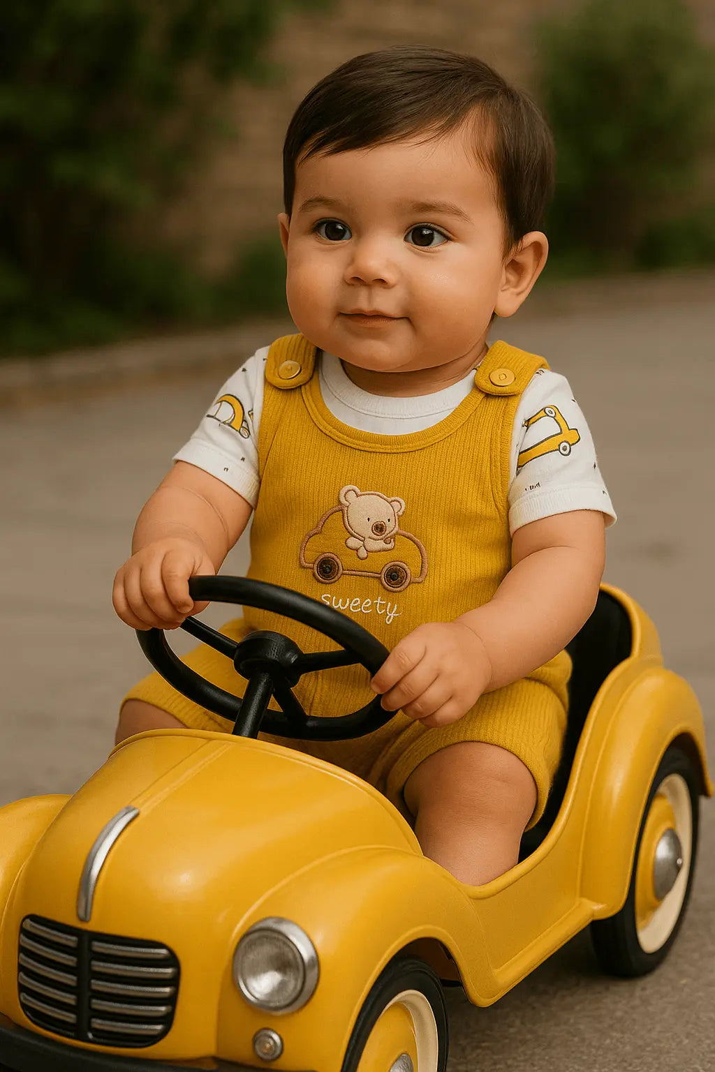 Ensemble bébé garçon 3 pièces – Combinaison moutarde, body voiture jaune, chaussettes
