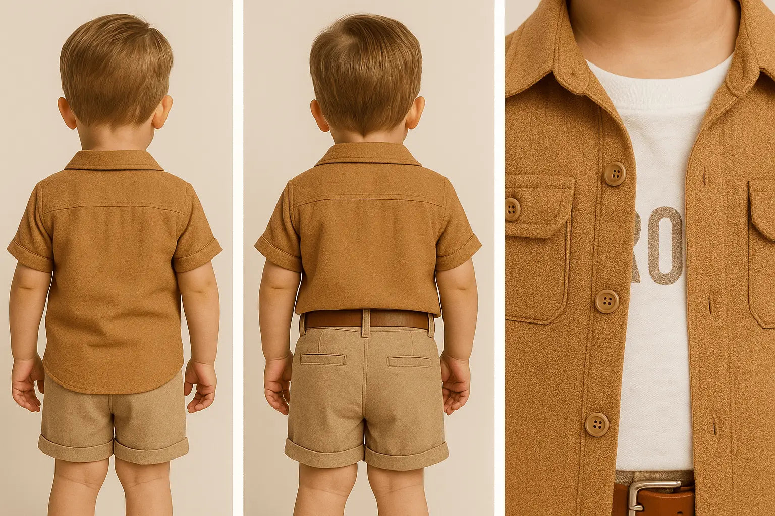 Ensemble Garçon 3 Pièces Camel – Chemise, T-Shirt "Strong" et Short