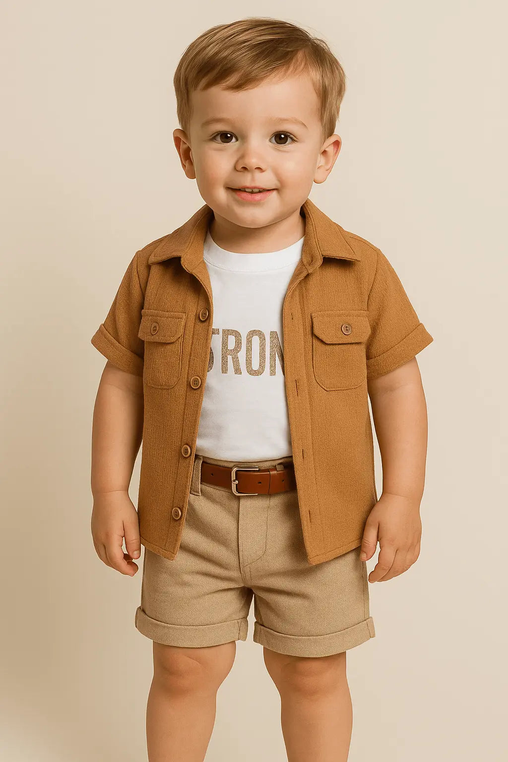 Ensemble Garçon 3 Pièces Camel – Chemise, T-Shirt "Strong" et Short