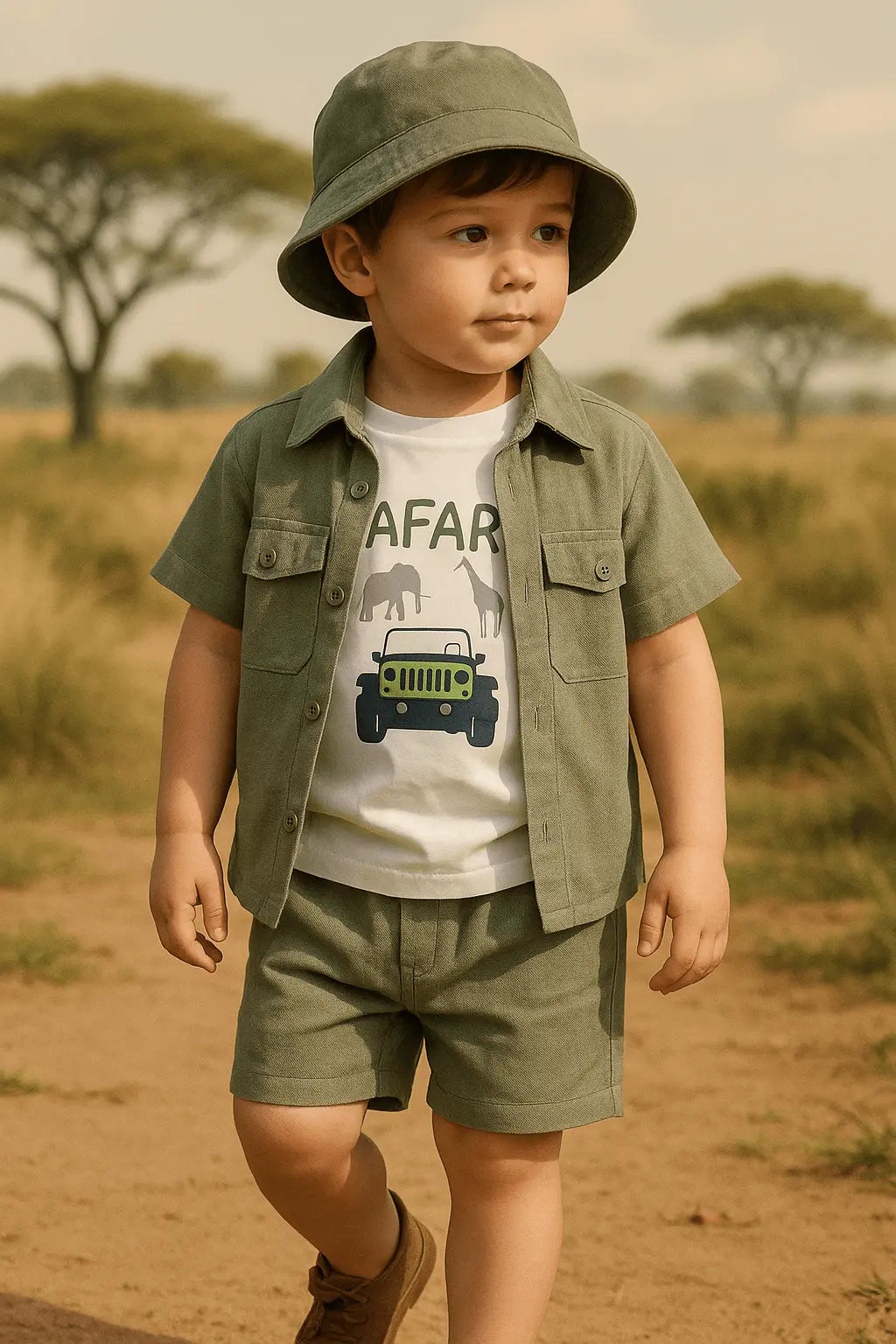 Ensemble Garçon 3 Pièces Kaki Safari – Chemise, T-Shirt & Short
