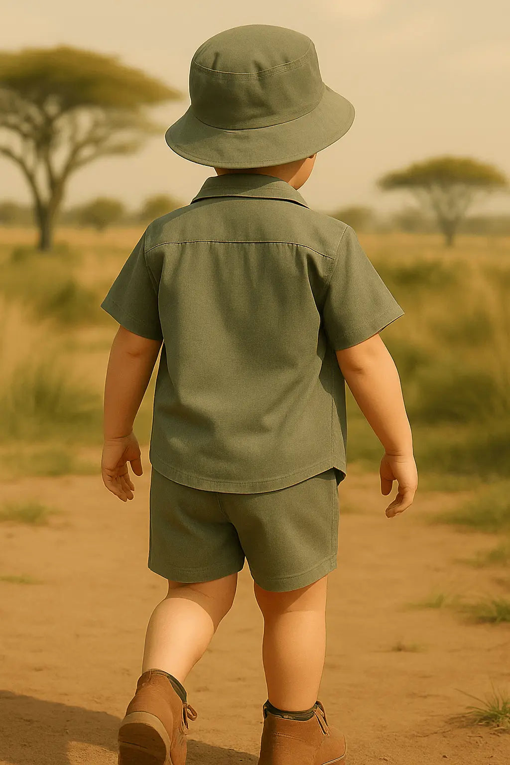 Ensemble Garçon 3 Pièces Kaki Safari – Chemise, T-Shirt & Short