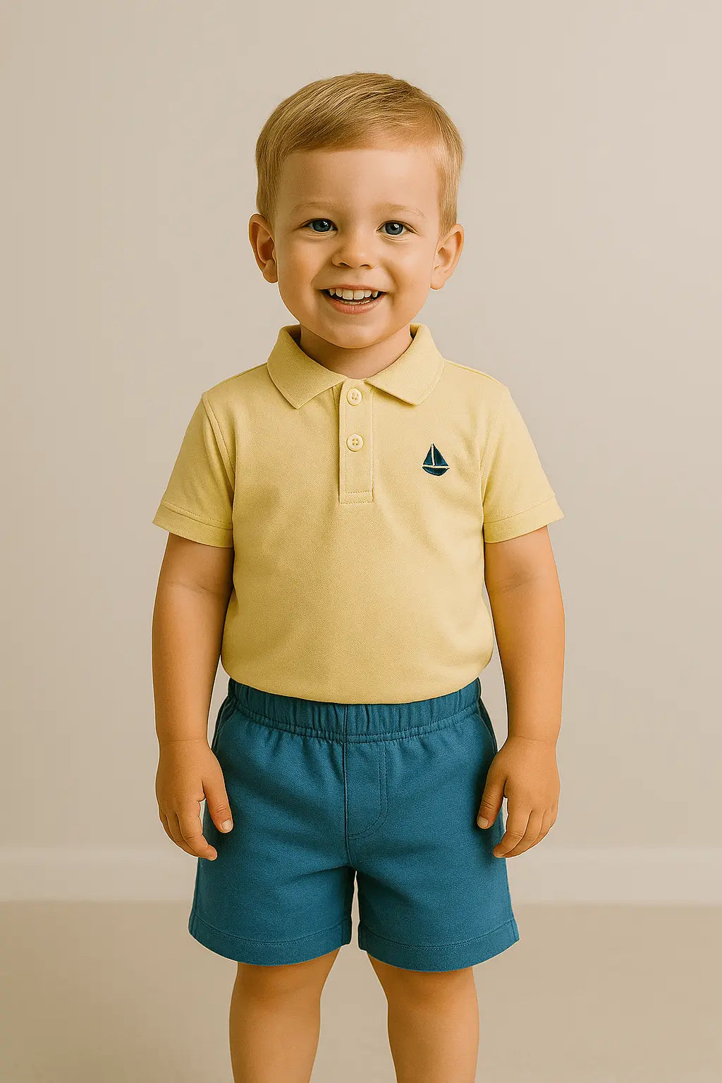 Ensemble bébé garçon été – Polo jaune "Marine" brodé & short bleu