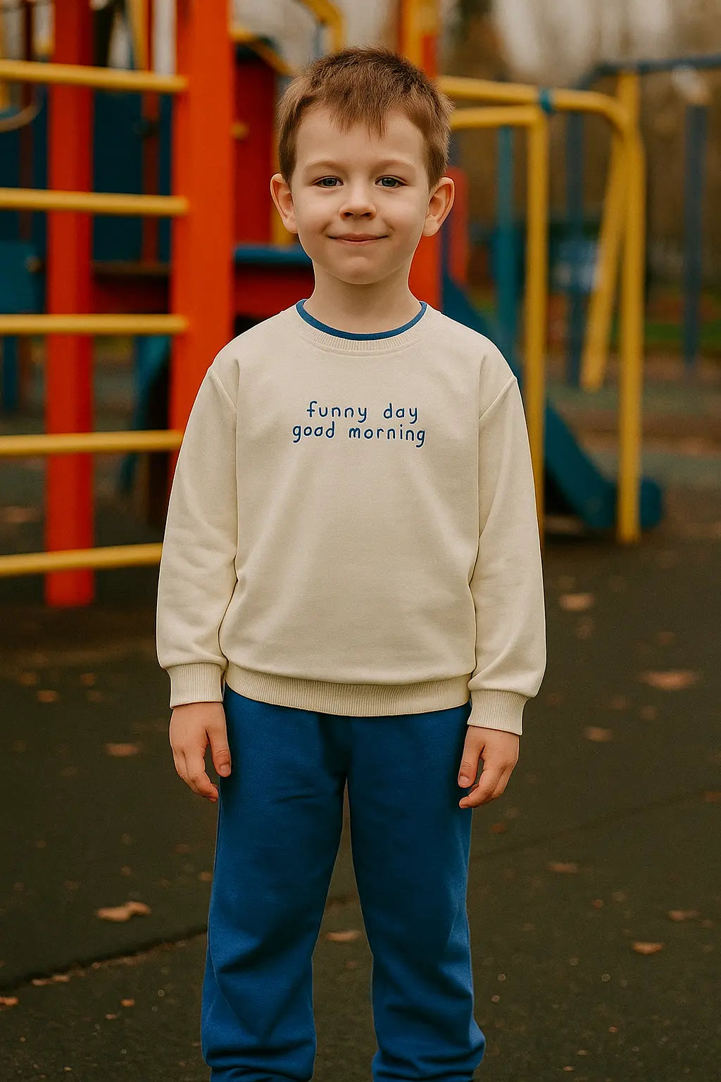 Pull blanc & pantalon bleu "Funny Day Good Morning"