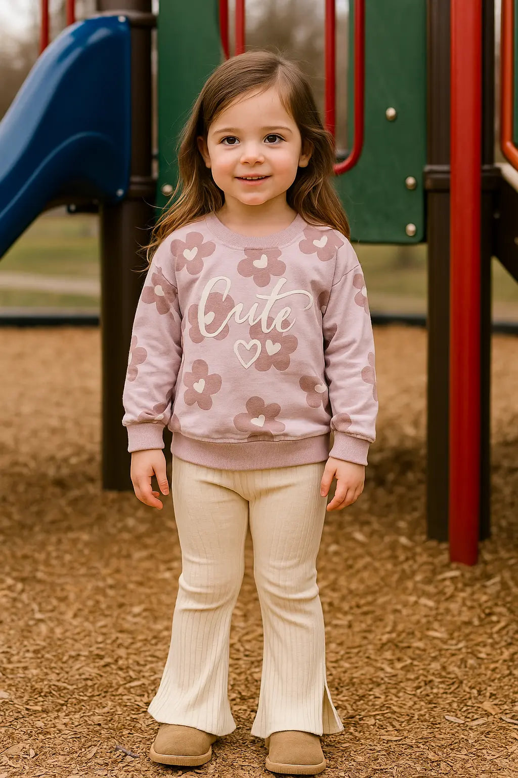 Pull violet & crème “Cute” & pantalon côtelé pattes d’eph