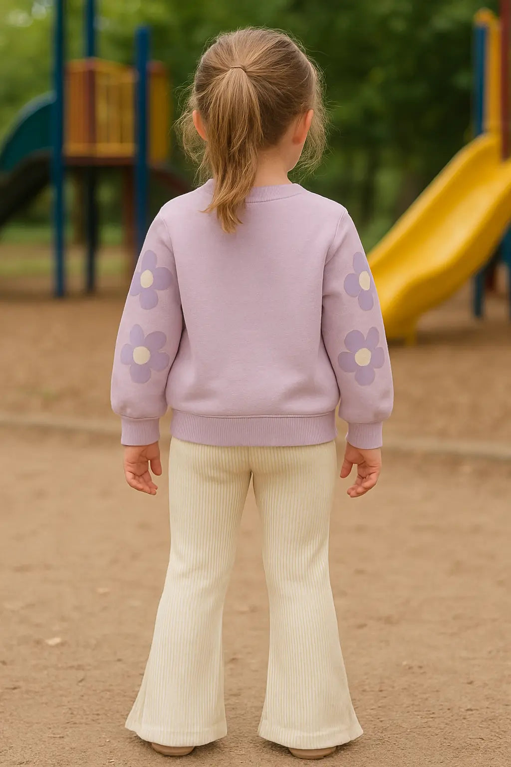 Pull violet & crème “Cute” & pantalon côtelé pattes d’eph