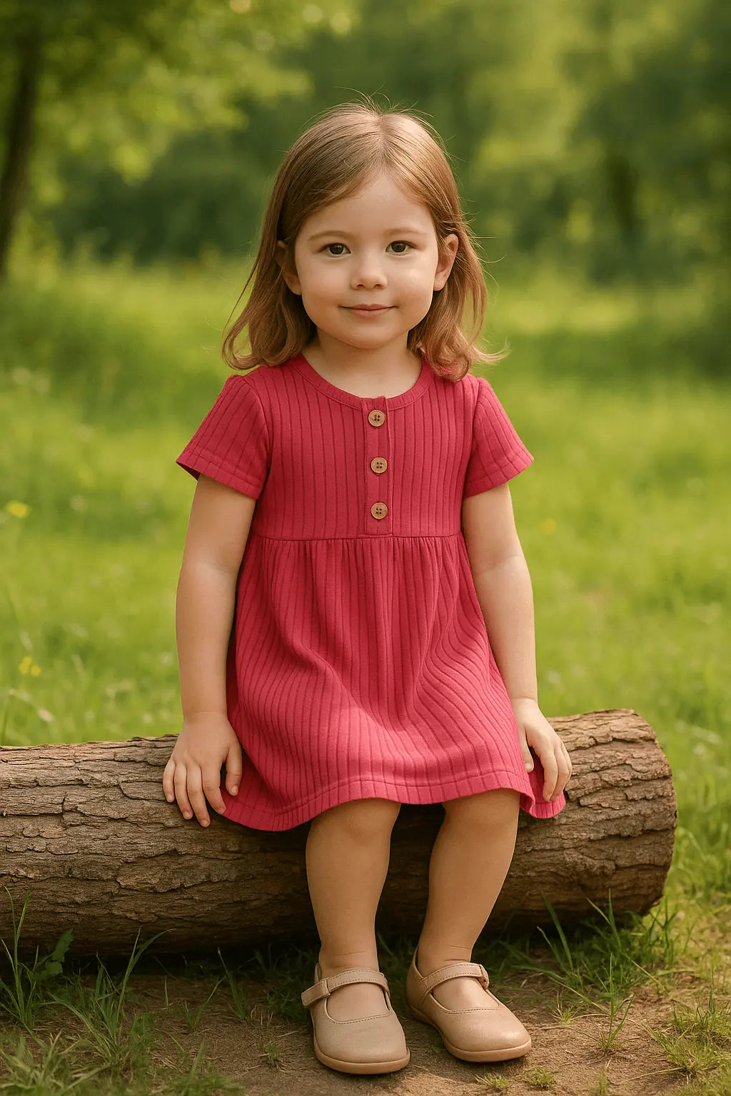 Robe Fille Grenade à Boutons – Manches Courtes, Plissée